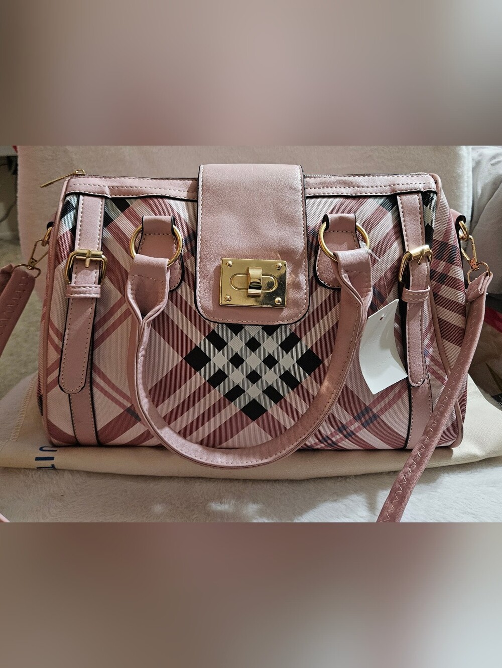 Pink Plaid Satchel Handbag with Gold Hardware - Picture 2 of 4